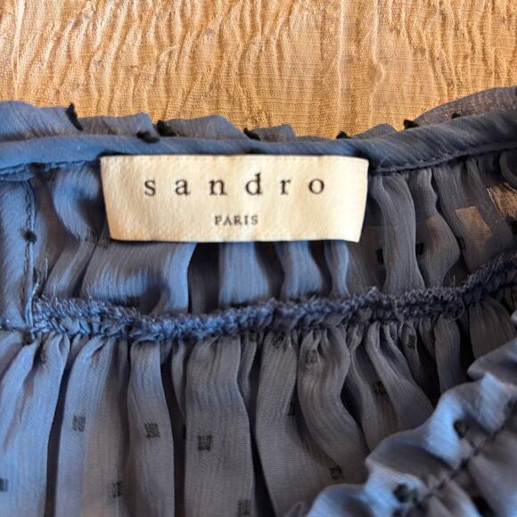 Sandro Paris Blue Smocked Mini Dress Sheer Polka Dot Ruffle Long Sleeve Small - Picture 6 of 12